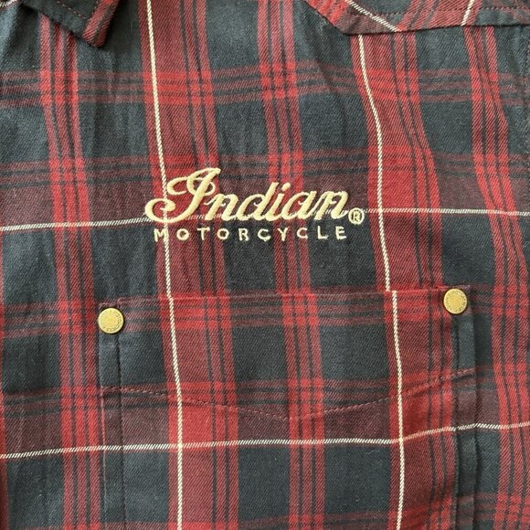 Indian Motorcycle Flannel Mens S Red/Blue Plaid Short Sleeve Button Down Bikers - Picture 11 of 16
